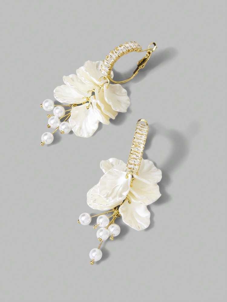 18k Gold-Color Flower Pattern Faux Pearl Tassel Earrings