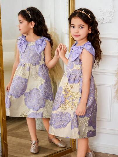 Vestido sin mangas con cremallera y lazo de niñas jóvenes en tela jacquard con estampado floral morado, vestido de gala de verano para niños de moda, vestido formal de fiesta y cena para dama elegante
