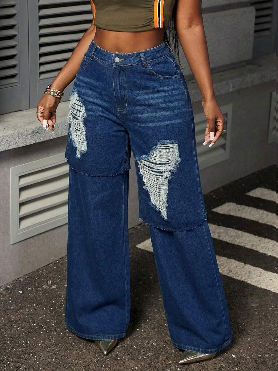 Slaydiva Plus Size Casual Washed Distressed Wide Leg Jeans - Dark Wash - View 1