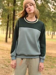 SHEIN In My Nature Áo nỉ nữ dáng rộng cổ tròn, vai rớt, thích hợp mặc hàng ngày, đi làm, thể thao, phối màu tương phản, thích hợp mặc ngoài trời. - màu xanh lá - Xem 2