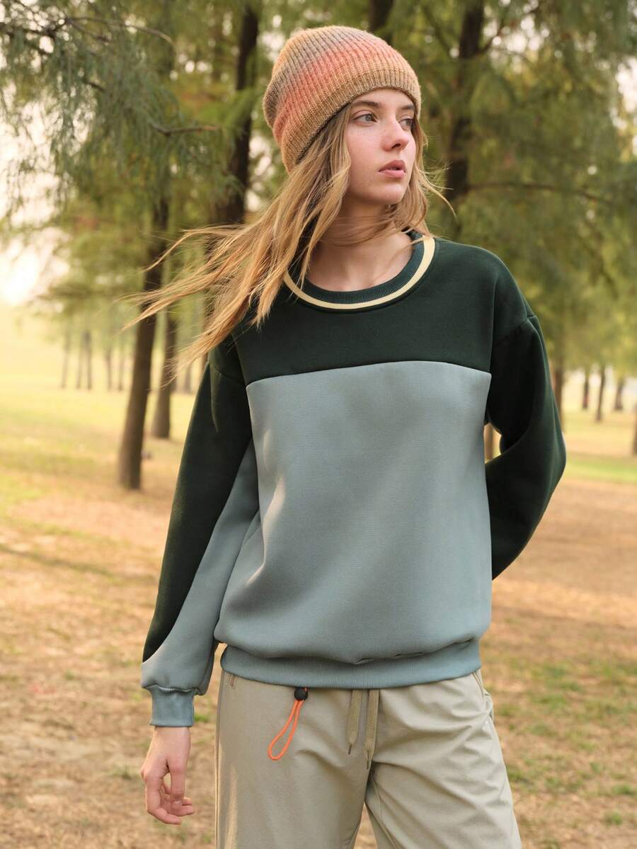 SHEIN In My Nature Áo nỉ nữ dáng rộng cổ tròn, vai rớt, thích hợp mặc hàng ngày, đi làm, thể thao, phối màu tương phản, thích hợp mặc ngoài trời. - màu xanh lá - Xem 1