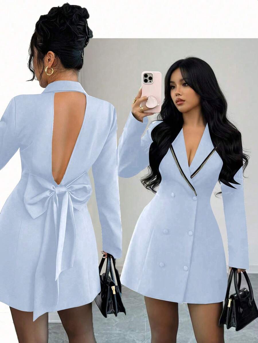 Rafferiza Women's Fashionable Elegant Double-Breasted Lapel Collar Backless Bowknot Dress - Baby Blue - View 1