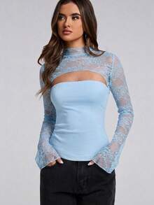 SHEIN BAE Women's Elegant Solid Color Lace Patchwork Hollow Out Blouse - Baby Blue - View 3