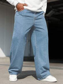 Manfinity Homme Celana Jeans Pria Ukuran Besar Kasual Model Lurus Warna Biru Muda - Biru - View 6