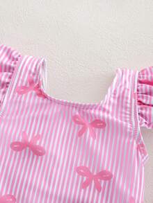 SHEIN Newborn Striped & Bow Print Ruffle One-Piece Swimsuit