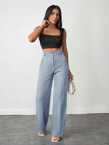 EURMUSE Pantalones rectos de cintura alta de unicolor para mujer de talla pequeña para uso diario - Gris Claro - Ver 4