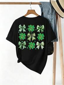 EMERY ROSE Women's Clover & Bow Print Round Neck T-Shirt - Black - View 2