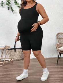 Plussiva 孕妇加大码纯色圆领无袖连体裤，夏季 - 黑色 - 查看 3