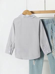SHEIN 1pc Young Girl Turndown Collar Long Sleeve Button-Up Striped Shirt With Embroidered Front Graphic, Casual Top For Autumn School Girl Preppy Girls Cute School Clothes School Uniform Girl Preppy For 5 Year Olds - Grey - View 2