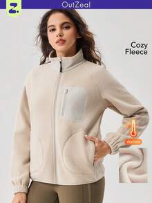 OutZeal Women Outdoor Jacket Winter Casual Thermal Fleece Stand Collar Multi Pockets Outdoor Top - Apricot - View 1