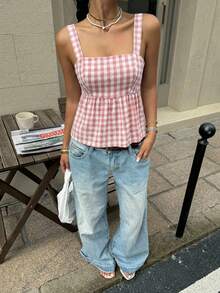Serisse Camiseta de tirantes con volantes y lazo en la espalda a cuadros para mujer - Rosa - Ver 5