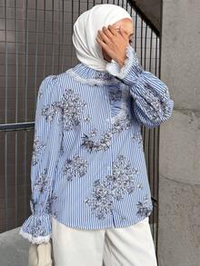 DAZY Women's Elegant Floral Lace Patchwork Blouse, Spring/Summer Long Sleeve - Blue - View 6