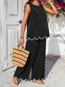 SHEIN 两件套孕妇撞色下摆无袖上衣和裤子套装 - 黑色 - 查看 5