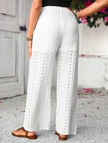 SHEIN Quần bầu dáng rộng, thắt lưng điều chỉnh được, khoét lỗ, thêu họa tiết, thích hợp cho mùa xuân, quần ống rộng màu trắng cho nữ, quần hè ống rộng, quần đi biển cho nữ. - trắng - Xem 2