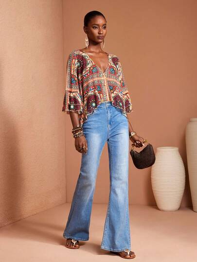 JIAN LASALA All-Over Print Mesh V Neck Ruffled Sleeves Asymmetric Hem Women Transparent Top Boho Casual