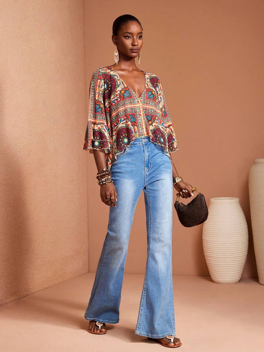 JIAN LASALA All-Over Print Mesh V Neck Ruffled Sleeves Asymmetric Hem Women Transparent Top Boho Casual - Multicolor - View 1