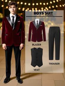 SHEIN 3 件青少年男孩绅士西装套装：酒红色天鹅绒领修身单排扣西装外套 + 黑色修身背心 + 黑色西裤。优雅休闲的户外正式服装，适合生日派对、晚会、表演、主持、婚礼季节（生日、婚礼、婚礼嘉宾、花童、戒童） - 彩色 - 查看 7