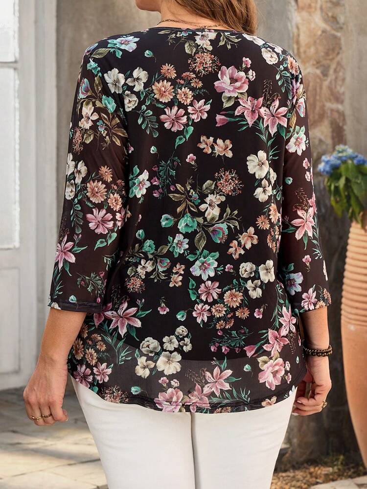 Plus Size Women Floral Print 3/4 Sleeve Blouse,Summer