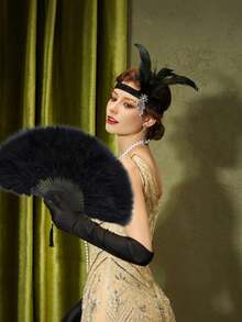 2/3 gói phụ kiện Flapper thập niên 1920 dành cho nữ - Bộ quạt lông vũ, băng đô và găng tay cho trang phục cosplay khiêu vũ đám cưới cổ điển Phụ kiện Great Gatsby (Màu đen) - Nhiều màu - Xem 2