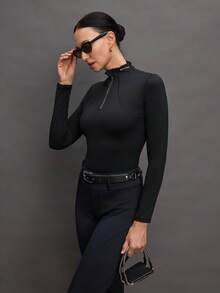 Activina 女士纯色立领半拉链修身马术夹克 - 黑色 - 查看 1