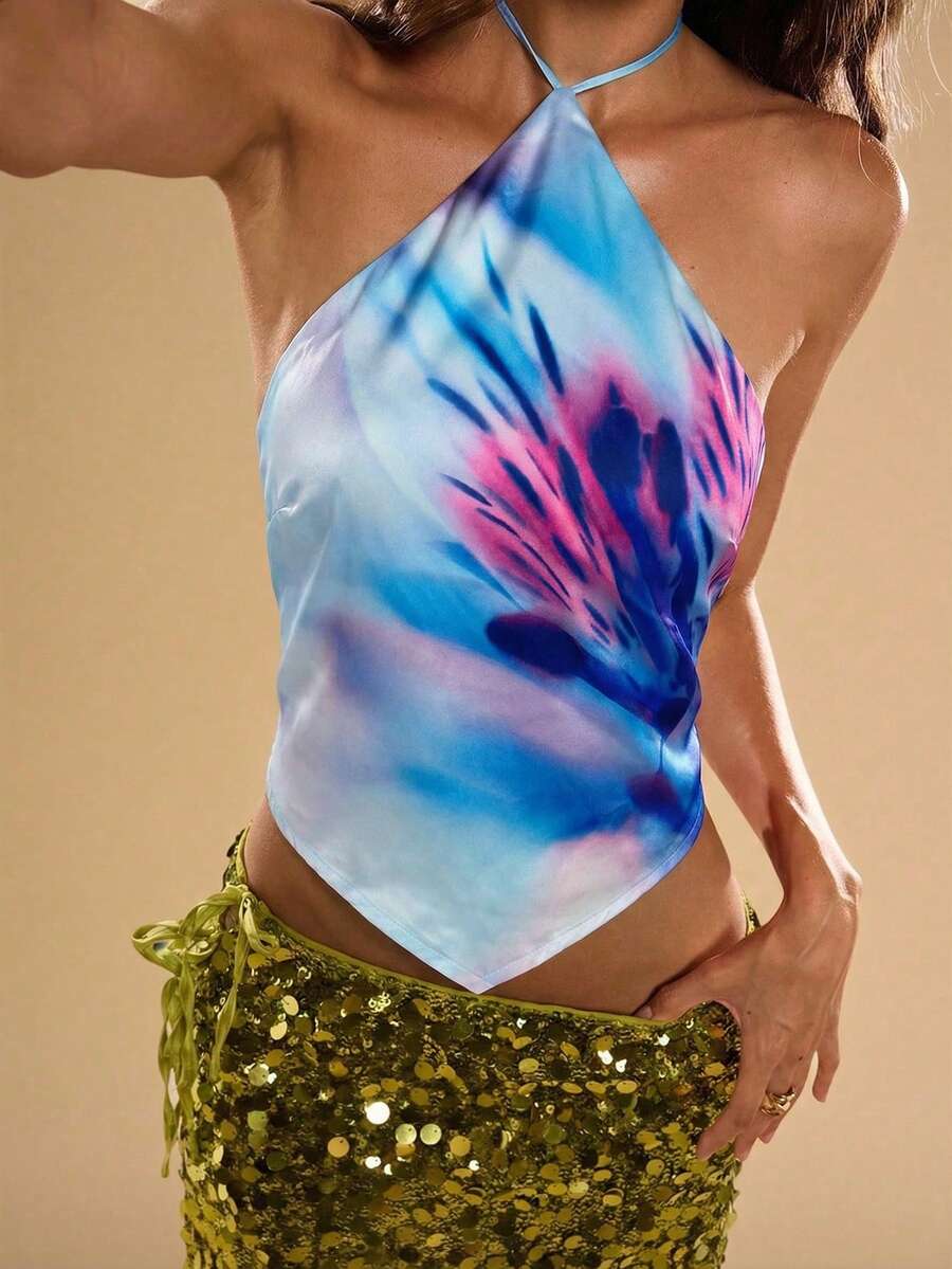 SHEIN BAE Damblus med asymmetrisk fåll och sexig halterneck, tie-dye-mönster - Babyblå - Visa 1