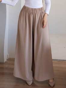 DAZY 女士休闲纹理弹力腰阔腿宽松长裤 - 卡其色 - 查看 4