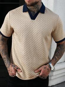 Manfinity Homme Áo polo nam cỡ lớn tay ngắn phối màu tương phản, kiểu dáng thường ngày, thích hợp đi làm. - Màu Khaki - Xem 5