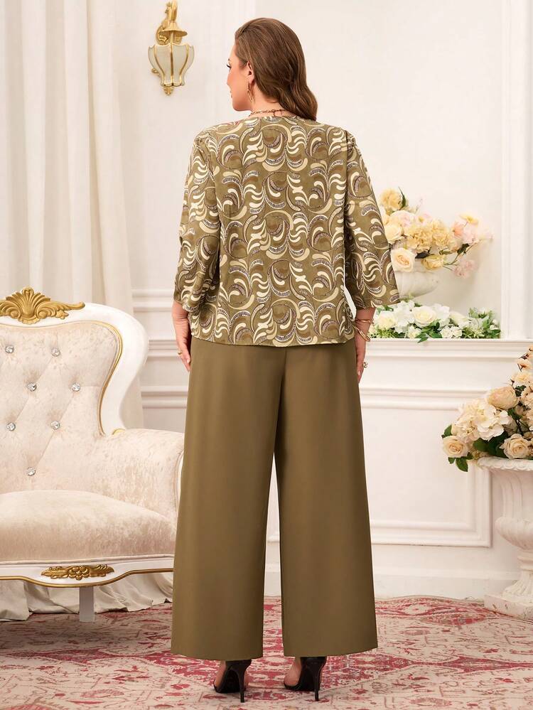 Plus Size Women Allover Print Crew Neck Long Sleeve Top And Wide Leg Pants Casual Outfit For Summer/ Vacation Brown Set Women Summer Outfit For Women Beach Outfit Holiday Outfits Modest Two Piece Set Blouse And Pants Set Summer Outfits