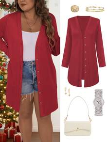 Vionelle 大码纯色前开襟长袖外套，适合新年穿着 - 紅色 - 查看 1