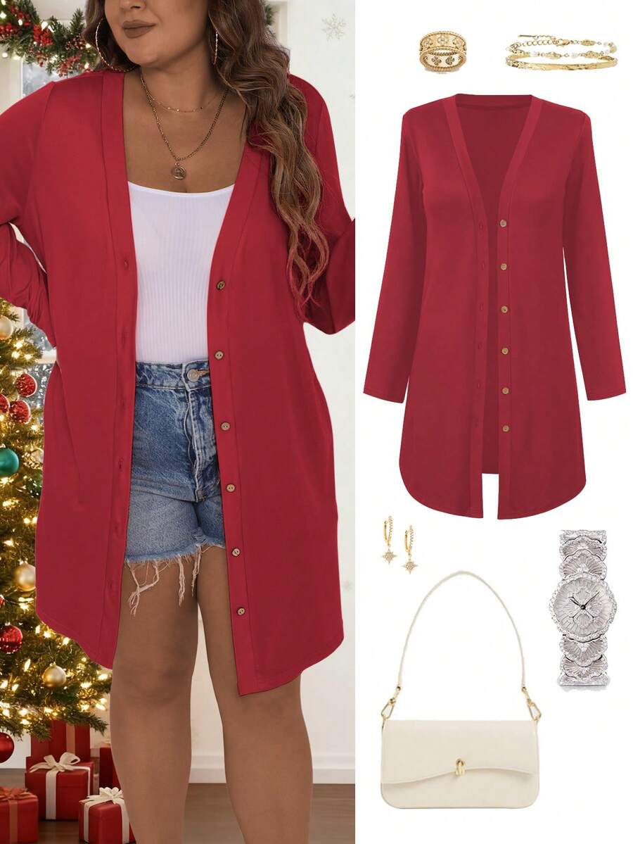 Vionelle 大码纯色前开襟长袖外套，适合新年穿着 - 紅色 - 查看 1