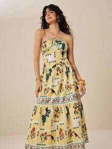 Felipe Marques Damen Maxikleid mit Blume Muster , Off-Shoulder, ärmellosen Schnitt, Lässig für Urlaub, Party, Herbst/Winter - Aprikosenfarben - Übersicht 4