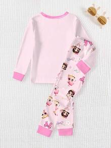 一套女童可爱咖啡杯印花撞色领口袖口针织修身长袖上衣和长裤睡衣套装，适合作为情人节儿童礼物 - 粉色 - 查看 2