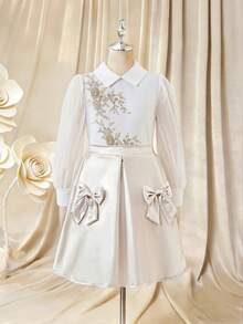 2pcs Girls' Outfit Set: White Woven Blouse With Elegant Chiffon Sleeve & Embroidery Decor, Paired With Satin Skirt, Suitable For Daily Wear, Birthday, Events & Parties White Dress For Girl With Long Sleeve Teen Girls Elegant Long Sleeve Dresses White Modest Dress For Tweens Formal White Dress For Girls - Gold - View 3