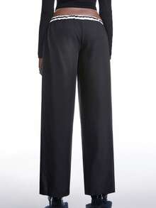 SHEIN EZwear 大码夏季撞色口袋休闲阔腿裤，适合毕业季、返校季、教师装扮，高腰阔腿裤，秋冬季商务休闲女装。 - 黑色 - 查看 2