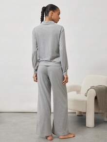 Ocili 2 Stücke schickes, legeres und bequemes Pyjama Set, Bambus-Faser Kragen & Knopf Langarm-Oberteil und lange Hose, Sommer - Grau - Übersicht 2