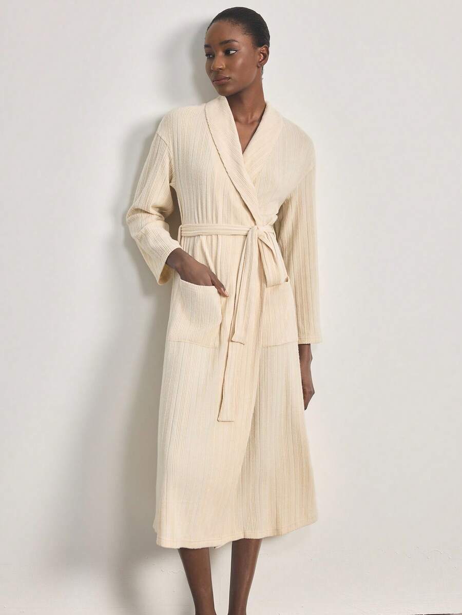 Ocili 女士条纹抓绒柔软家居服睡袍 - 杏色 - 查看 1