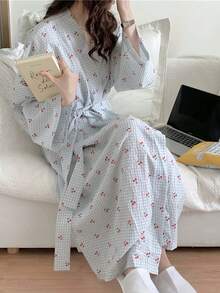 女士轻薄长袖睡袍 - 格纹印花和服式家居服，春秋季简约可爱家居服，柔软舒适的浴袍，助您放松身心，尽享惬意时光 - 藍色 - 查看 6