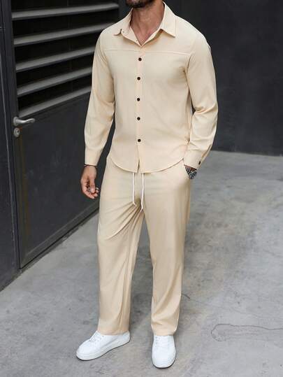 Manfinity CasualCool Conjunto de camisa de manga larga de unicolor casual y pantalones largos con cordón en la cintura para hombres, adecuado para el uso diario en primavera y otoño