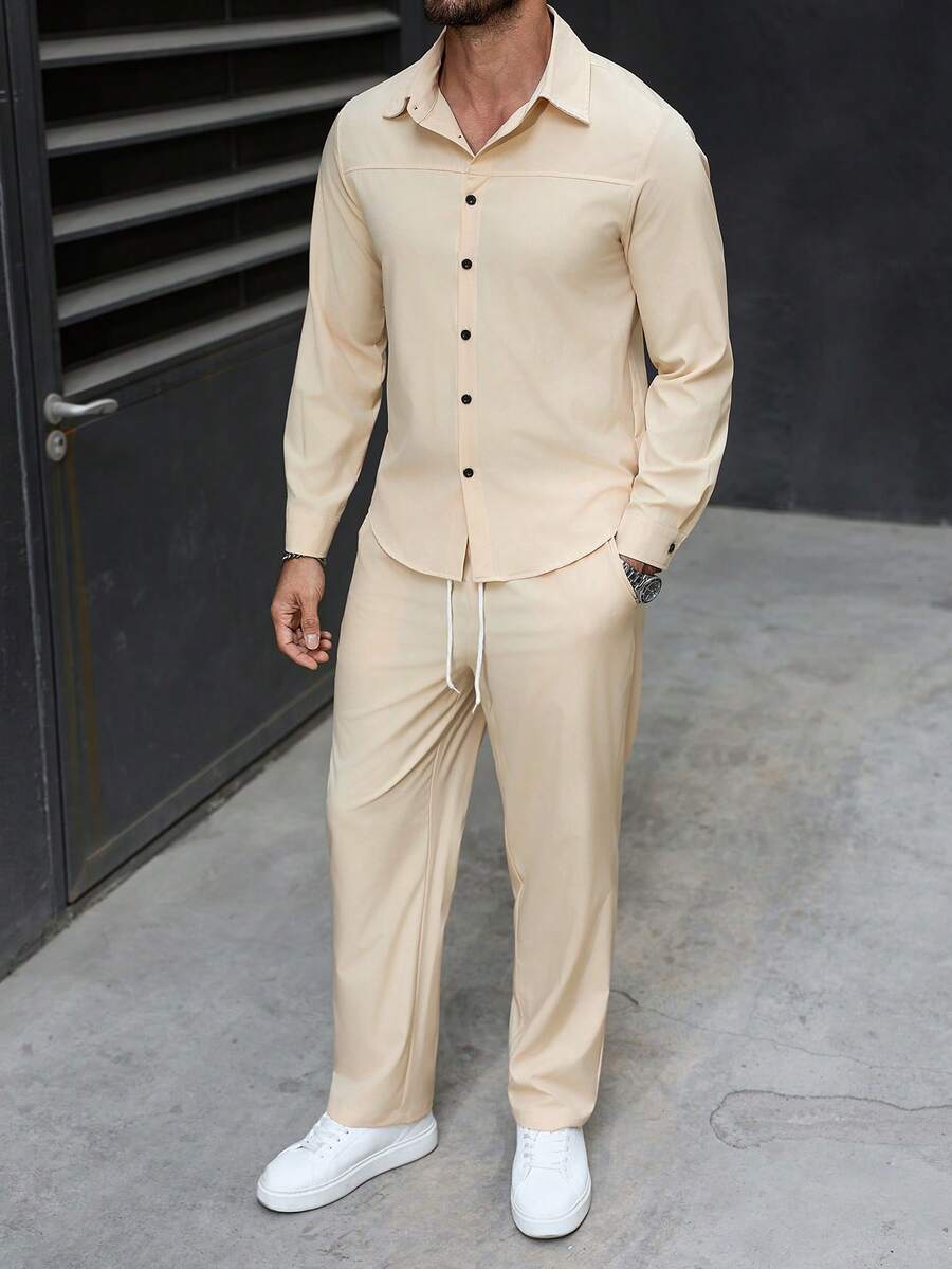 Manfinity CasualCool Bộ đồ nam thường ngày gồm áo sơ mi dài tay màu trơn và quần dài có dây rút ở eo, thích hợp cho việc đi làm hàng ngày vào mùa xuân và mùa thu. - Màu be - Xem 1