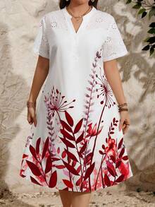 EMERY ROSE Plus Size Women Eyelet Embroidery Patchwork Floral Print Summer Dress - Red - View 6