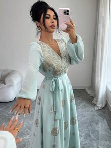 Yasmyna Women's Elegant Floral Print Cross V-Neck Belted Lantern Sleeve Dress - Green - View 2