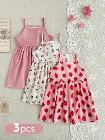 SHEIN Conjunto de 3 piezas de vestidos sin mangas para niñas bebés, vestido de tirantes elástico con estampado de leopardo, adecuado para vacaciones de verano y fiestas, diseño casual de patchwork, con estampado de leopardo y floral, camiseta con moderada elasticidad