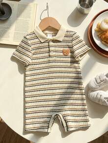 Baby Boy Comfortable Casual Versatile Textured Striped Short Sleeve Polo Romper, Suitable For Indoor, Outdoor, Daily Wear, Sports - Multicolor - View 4