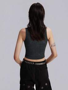 Breakform Women's Punk Floral Jacquard Ribbed Rhinestone Decor Sleeveless Cropped Tank Top, Suitable For Daily Wear - Black - View 2