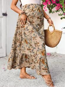 SHEIN Maternity Floral Print Elegant A-Line Skirt, Summer Holiday Outfits , Summer Outfits - Brown - View 4