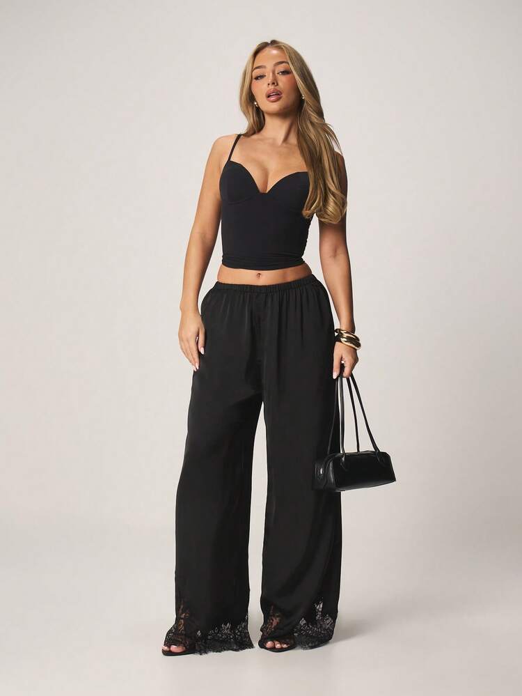 MISSGUIDED Wide Leg High Rise Palazzo Trousers With Lace Trim Hem Detail Elastic Waist Flowing Pants For Formal Occasions And Evening Wear