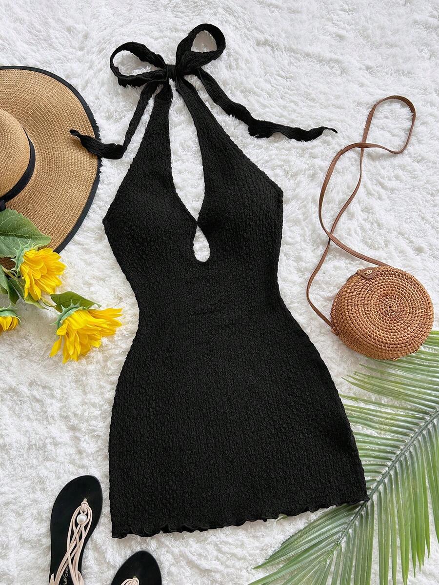 Soleia Casual Vacation Western Beach Wedding Guest Attire Graduation Brunch Women's Dress, Elegant Bohemian Tropical Strapless Backless Office Sleeveless Textured Brown Knit Mini Dress - Black - View 1