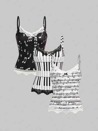 3pcs Y2K Vintage Music Note & Piano Keyboard Print Bodycon Lace Trim Camisole Set