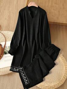 Rusticease 2pcs Women Casual Minimalist Long Sleeve Top And Pants Set, Autumn Co Ords Sets Women Linnen Set Women Women Plus Clothing Sets Black Sets For Women 2pc Set Women Plus - Black - View 5