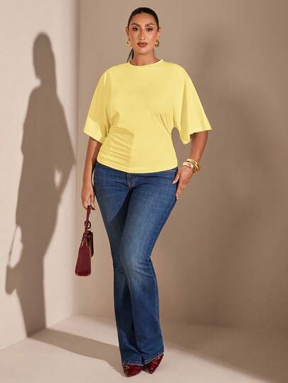 SHEIN BAE Camisetas cortas holgadas y arrugadas de tela elástica blanca, de uso diario, estilo minimalista Y2K, para mujer de talla grande, ideal para el regreso a la escuela y el streetwear casual